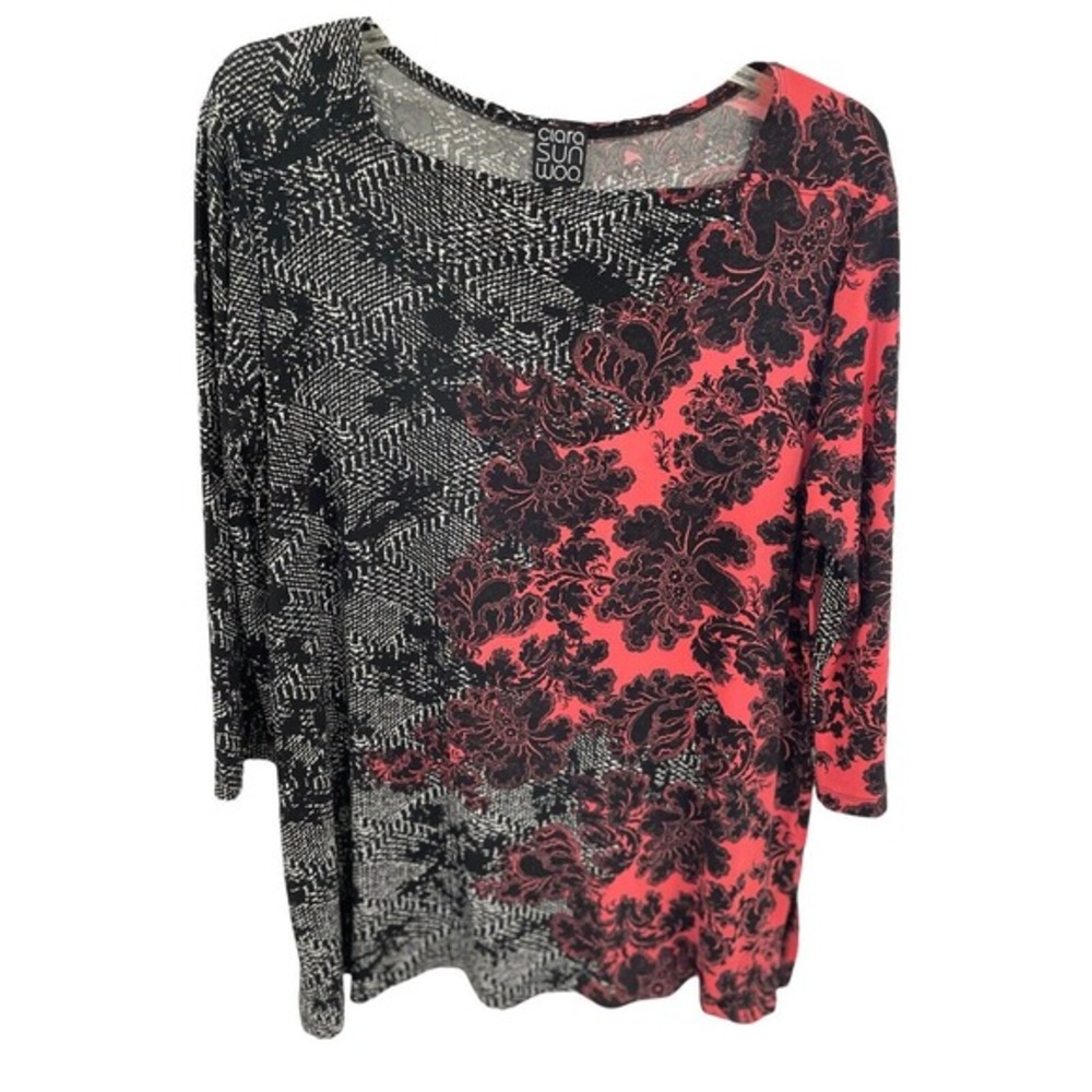 Clara Sun Woo Mixed Media 3/4 Sleeve Tunic Floral Print M Red Blackβ AK1117